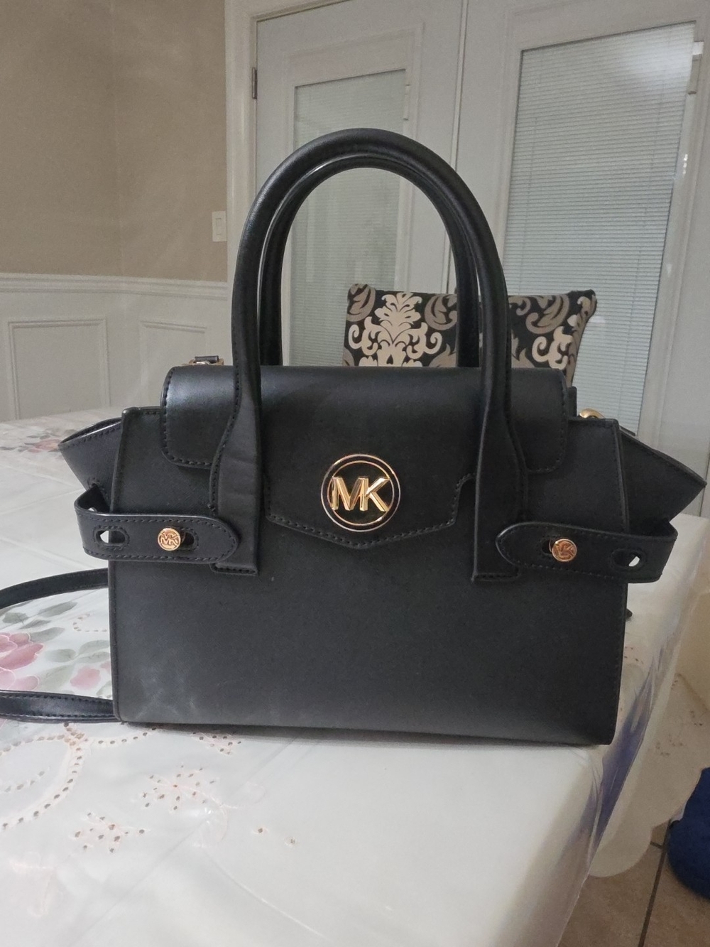 Michael Kors Black Leather Satchel with Gold MK Accent